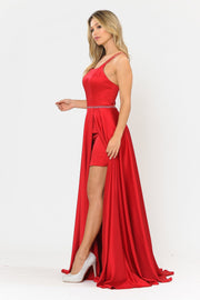 Long A-line Satin Dress with Corset Back by Poly USA 8652