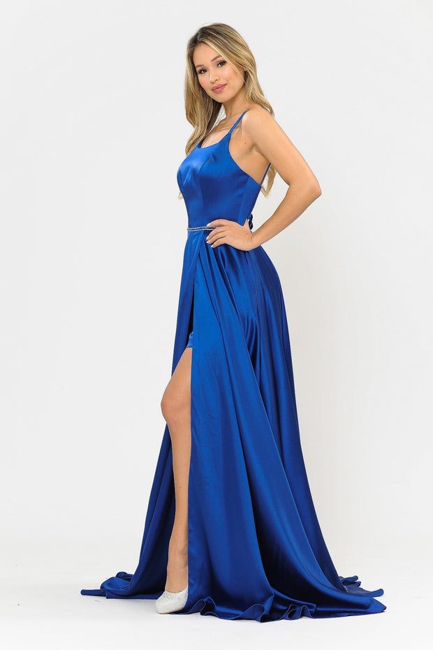 Long A-line Satin Dress with Corset Back by Poly USA 8652