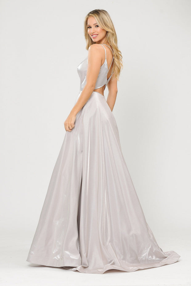 Long A-line Satin Dress with Illusion V-Neckline by Poly USA 8644