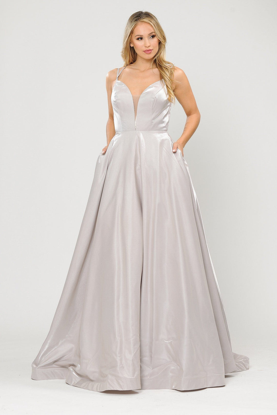 Long A-line Satin Dress with Illusion V-Neckline by Poly USA 8644