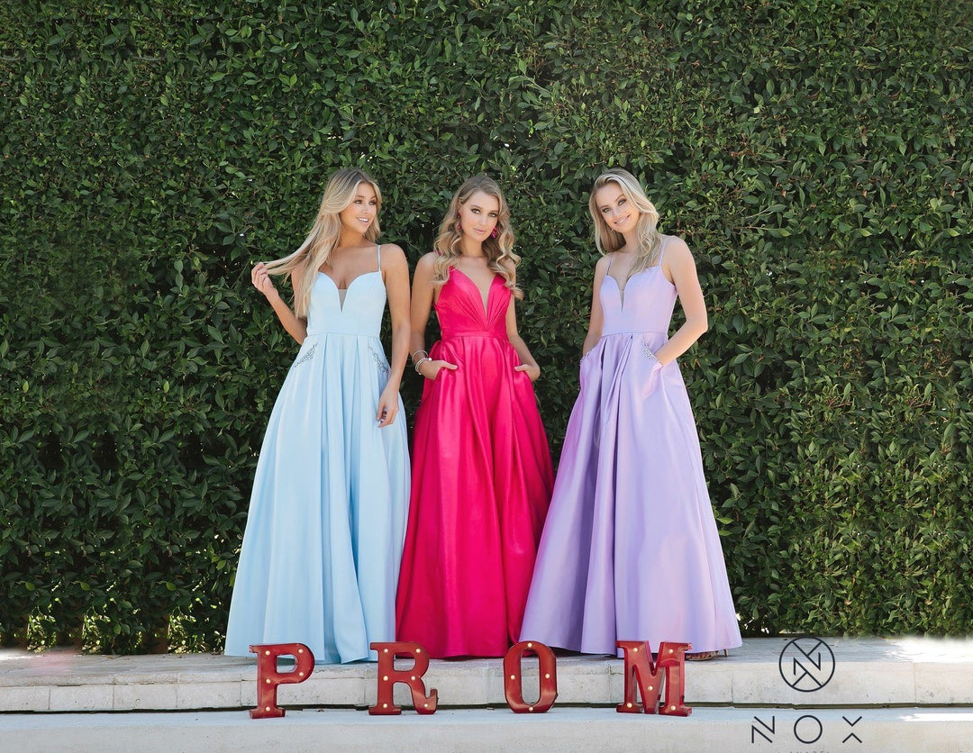 Long A-line Shiny Satin Dress with Pockets by Nox Anabel M412