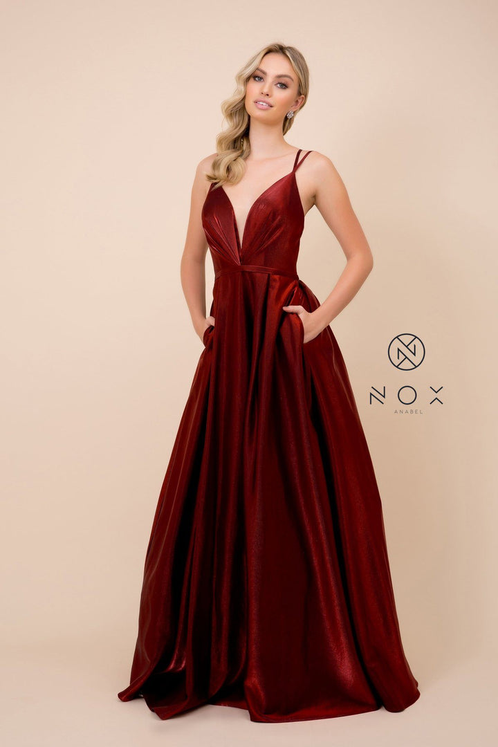Long A-line Shiny Satin Dress with Pockets by Nox Anabel M412