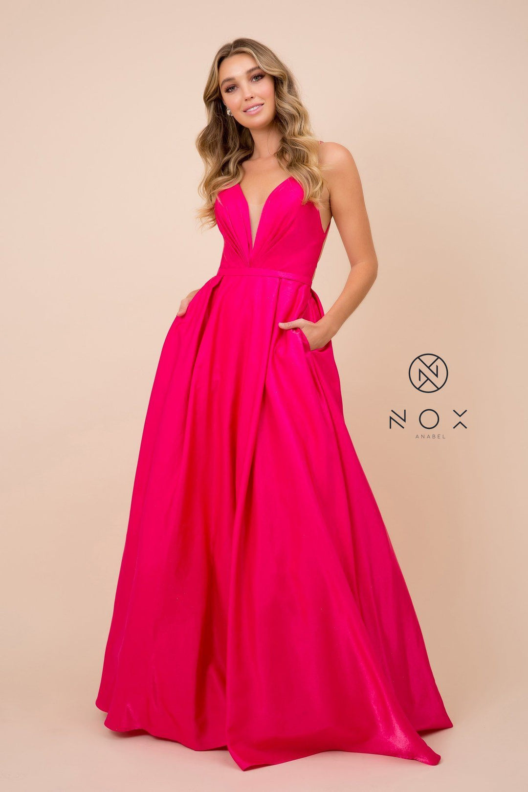 Long A-line Shiny Satin Dress with Pockets by Nox Anabel M412