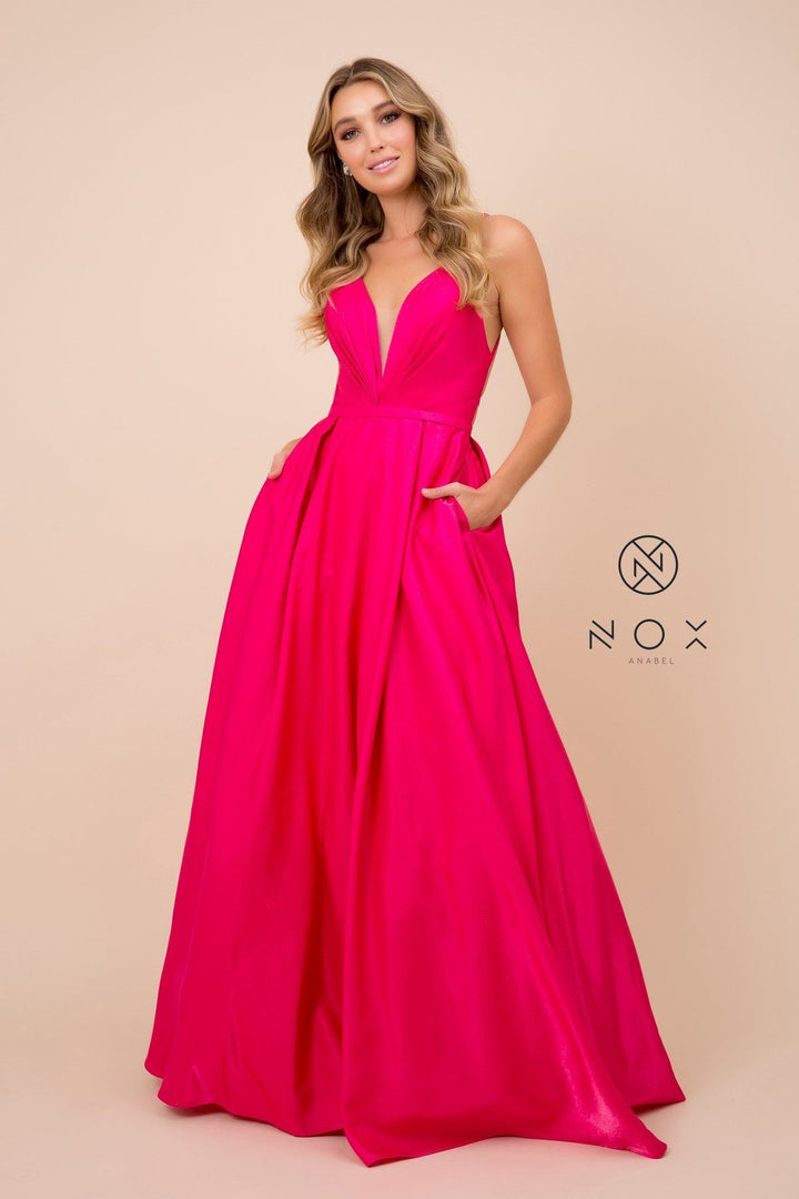 Long A-line Shiny Satin Dress with Pockets by Nox Anabel M412