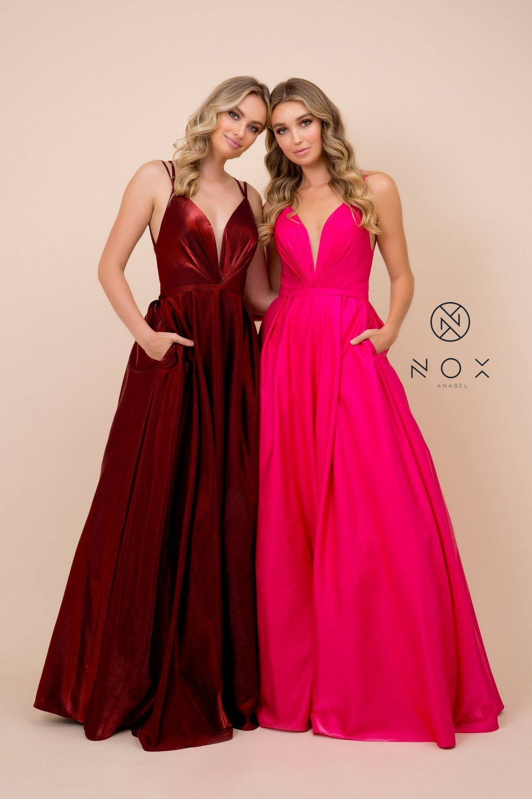 Long A-line Shiny Satin Dress with Pockets by Nox Anabel M412
