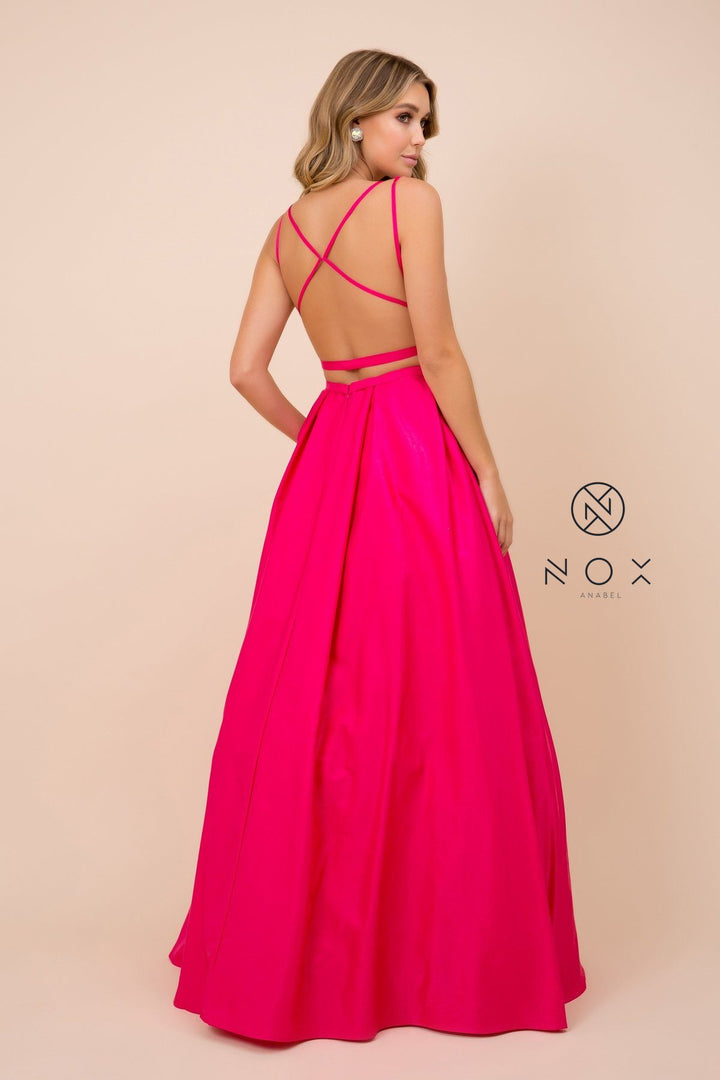 Long A-line Shiny Satin Dress with Pockets by Nox Anabel M412