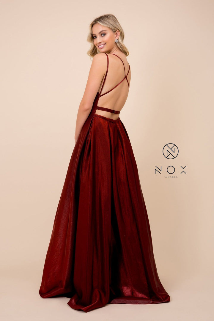 Long A-line Shiny Satin Dress with Pockets by Nox Anabel M412
