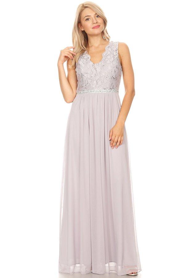 Long A-line Sleeveless Dress with Lace Bodice by Celavie 6467L