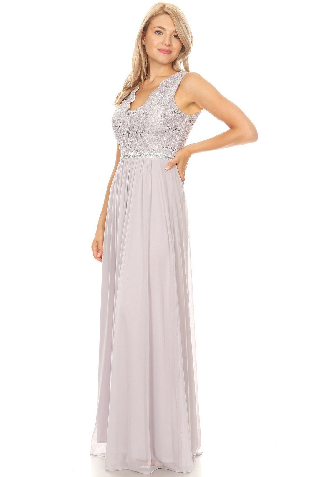 Long A-line Sleeveless Dress with Lace Bodice by Celavie 6467L