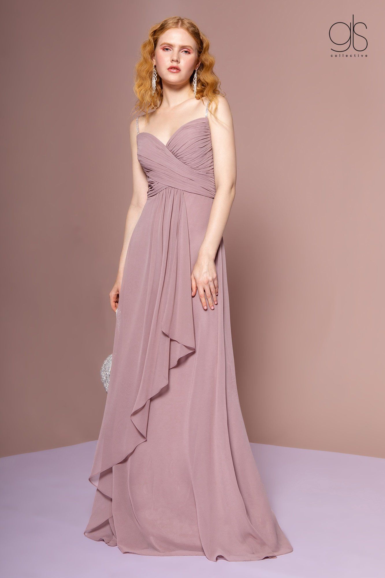 Long A Line Sleeveless Dress with Ruched Bodice by Elizabeth K GL2666 M Mauve