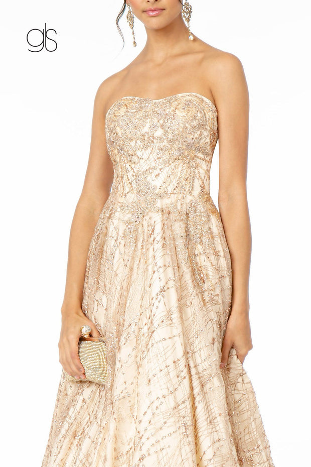 Long A-Line Strapless Glitter Dress by Elizabeth K GL2921