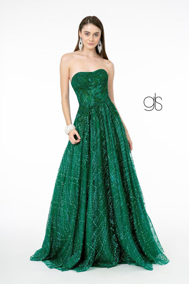 Long A-Line Strapless Glitter Dress by Elizabeth K GL2921