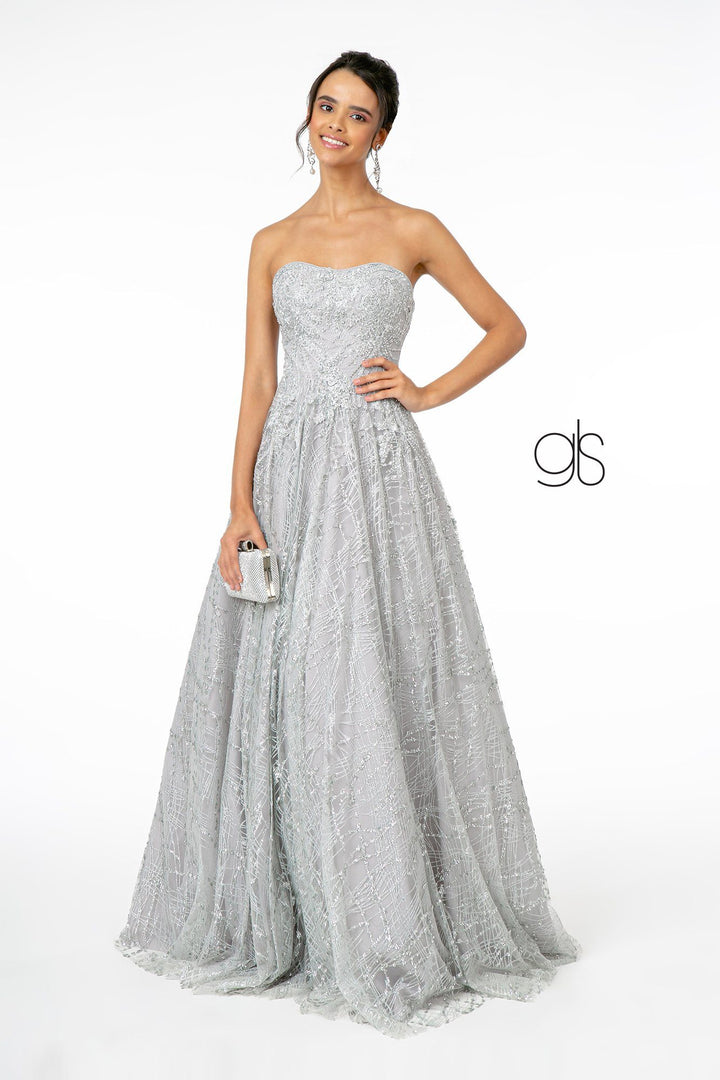 Long A-Line Strapless Glitter Dress by Elizabeth K GL2921