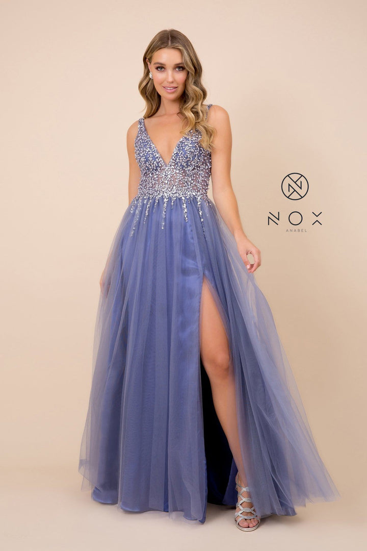 Long A-line Tulle Dress with Beaded Bodice by Nox Anabel G388