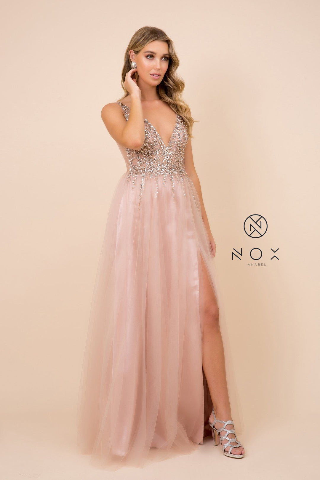 Long A-line Tulle Dress with Beaded Bodice by Nox Anabel G388
