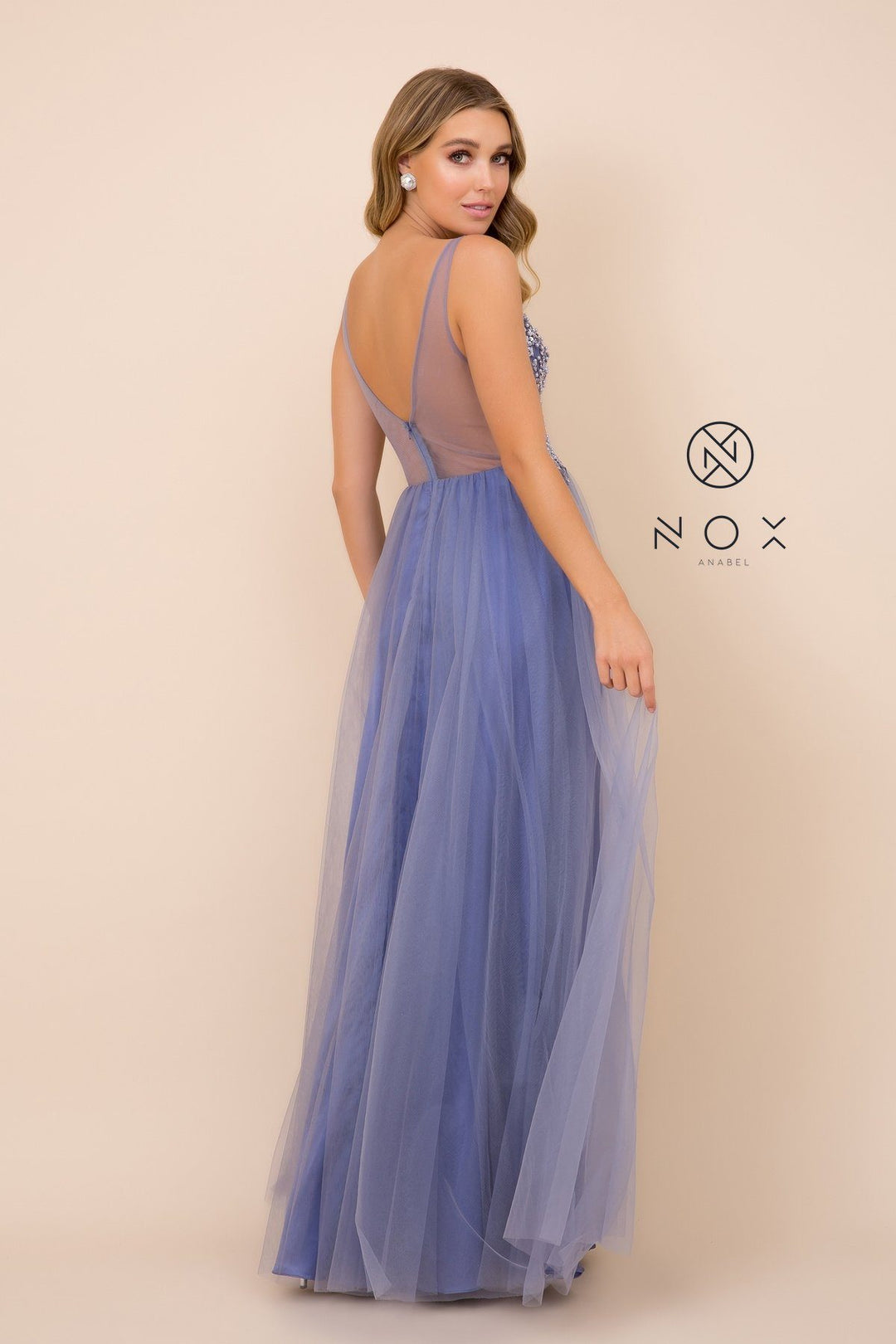 Long A-line Tulle Dress with Beaded Bodice by Nox Anabel G388