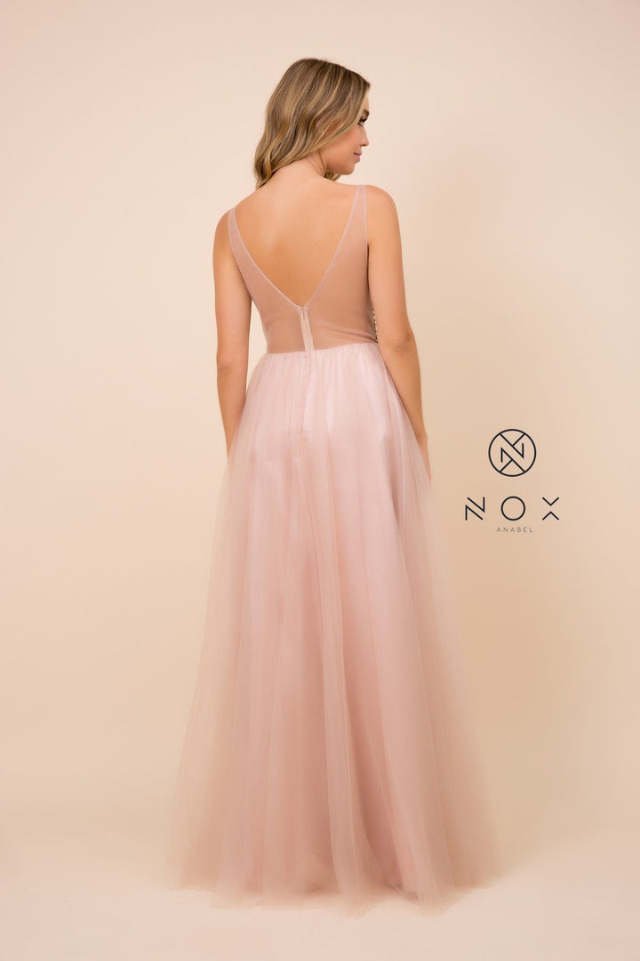 Long A-line Tulle Dress with Beaded Bodice by Nox Anabel G388