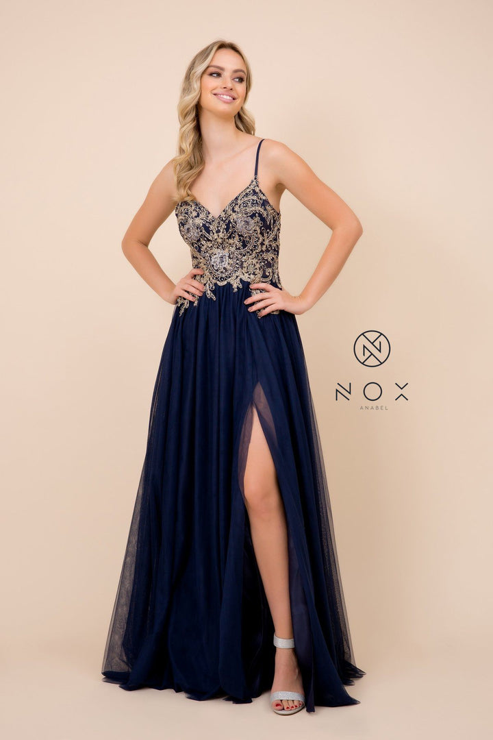 Long Applique Bodice Tulle Dress with Slit by Nox Anabel G383