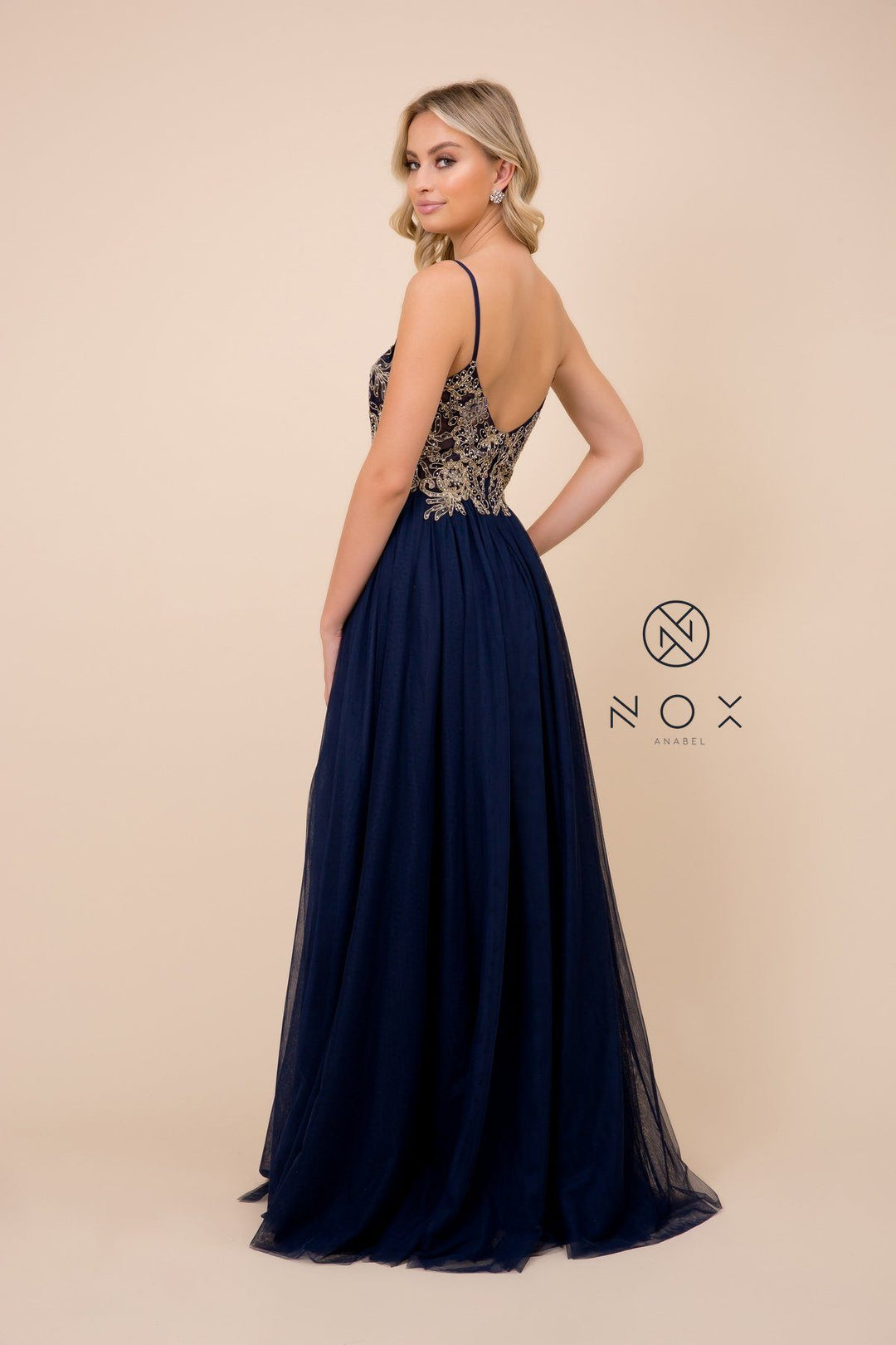 Long Applique Bodice Tulle Dress with Slit by Nox Anabel G383