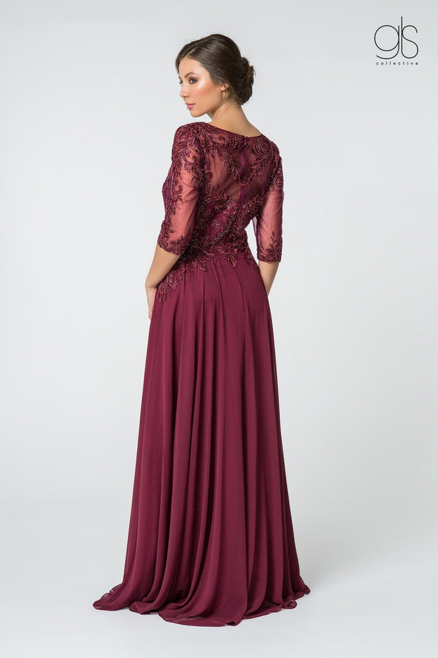 Long Applique Dress with Mid-Sleeves by Elizabeth K GL2524-Long Formal Dresses-ABC Fashion