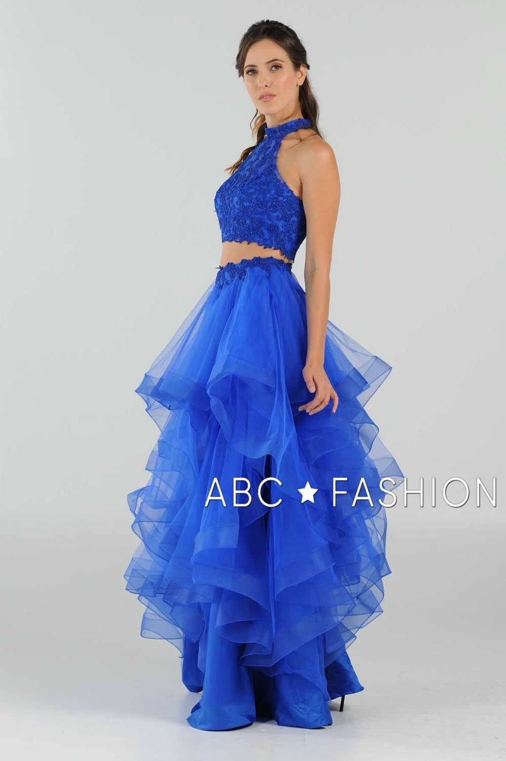 Long Applique Two-Piece Dress with Tiered Skirt by Poly USA 8240-Long Formal Dresses-ABC Fashion