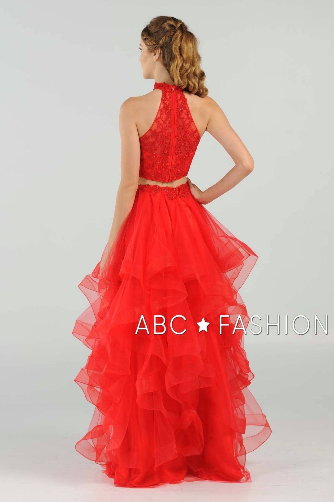 Long Applique Two-Piece Dress with Tiered Skirt by Poly USA 8240-Long Formal Dresses-ABC Fashion