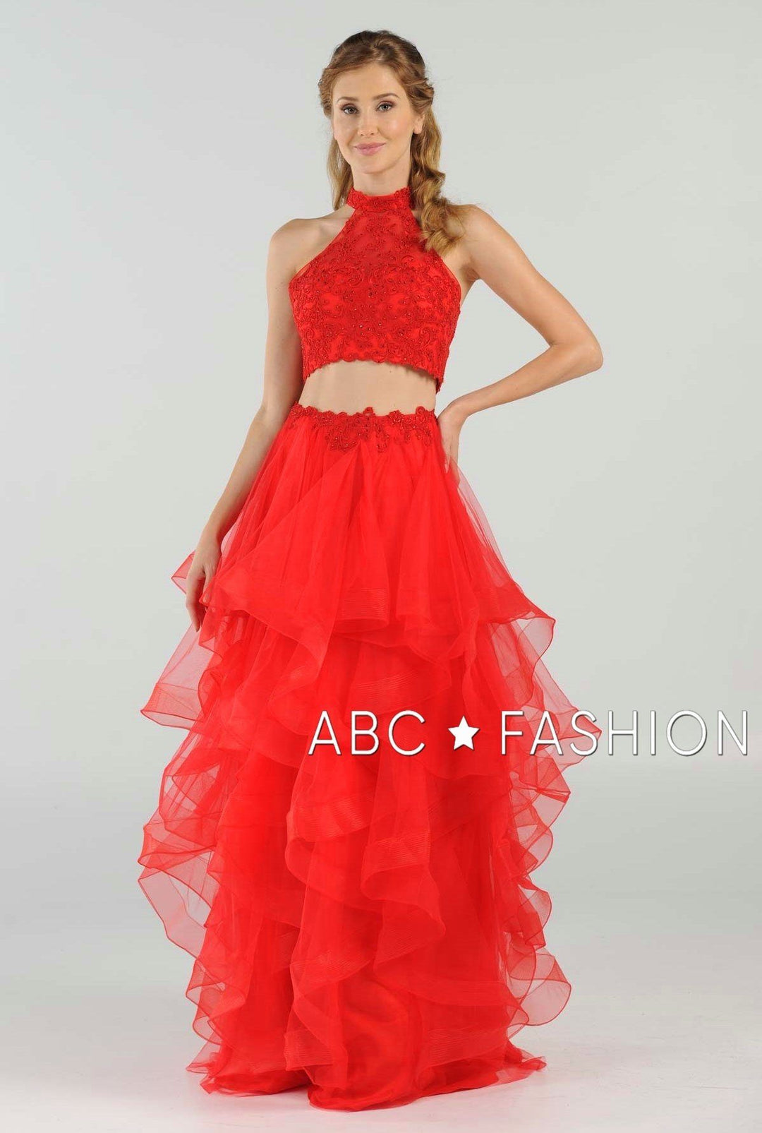 Long Applique Two-Piece Dress with Tiered Skirt by Poly USA 8240-Long Formal Dresses-ABC Fashion