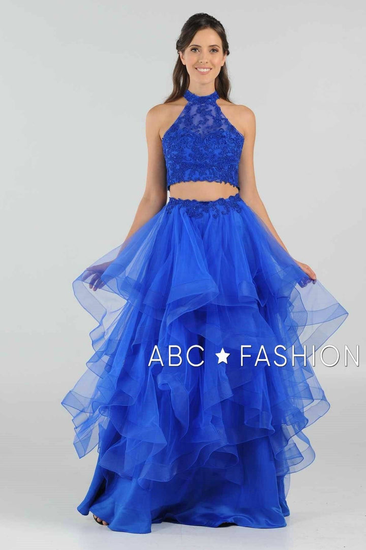 Long Applique Two-Piece Dress with Tiered Skirt by Poly USA 8240-Long Formal Dresses-ABC Fashion