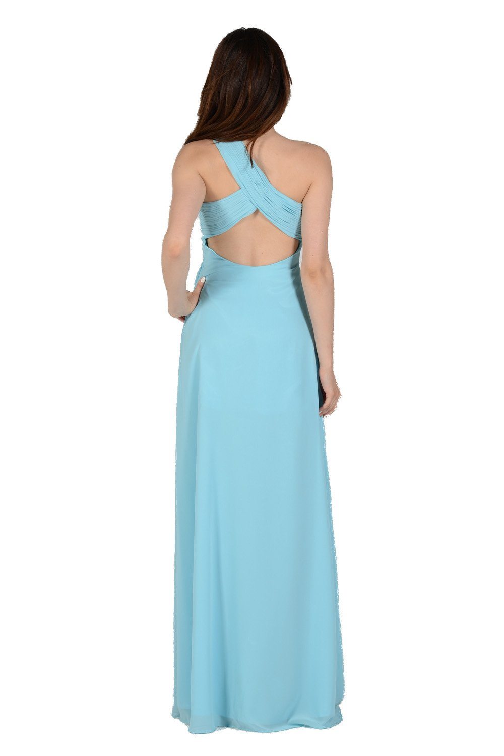 Long Aqua One Shoulder Chiffon Dress by Poly USA-Long Formal Dresses-ABC Fashion