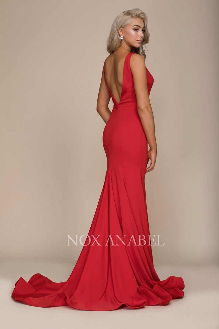 Long Bateau Mermaid Dress with Godet Train by Nox Anabel C022-Long Formal Dresses-ABC Fashion