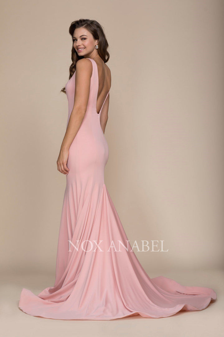 Long Bateau Mermaid Dress with Godet Train by Nox Anabel C022-Long Formal Dresses-ABC Fashion