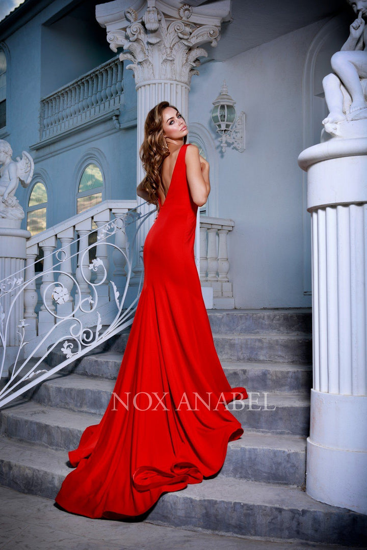Long Bateau Mermaid Dress with Godet Train by Nox Anabel C022-Long Formal Dresses-ABC Fashion
