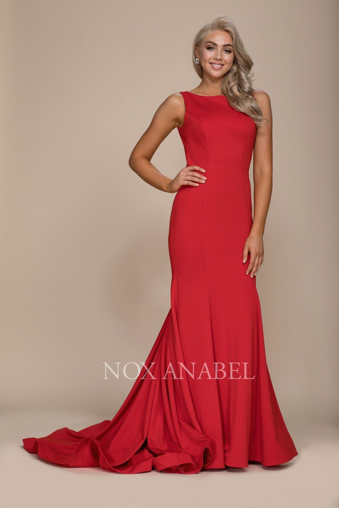 Long Bateau Mermaid Dress with Godet Train by Nox Anabel C022-Long Formal Dresses-ABC Fashion