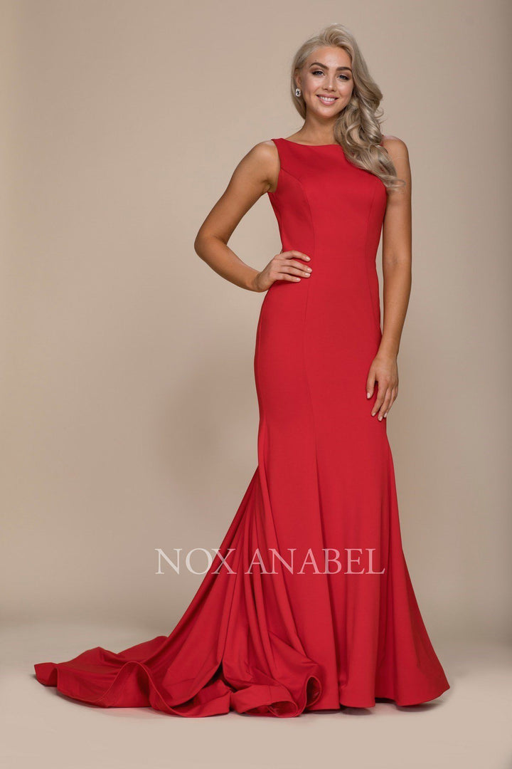Long Bateau Mermaid Dress with Godet Train by Nox Anabel C022-Long Formal Dresses-ABC Fashion