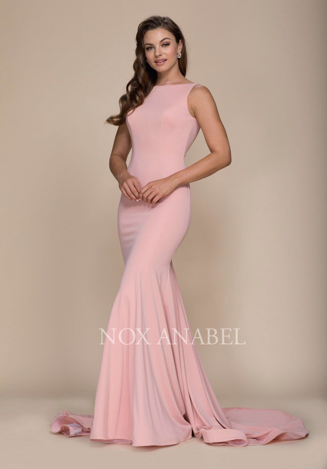 Long Bateau Mermaid Dress with Godet Train by Nox Anabel C022-Long Formal Dresses-ABC Fashion