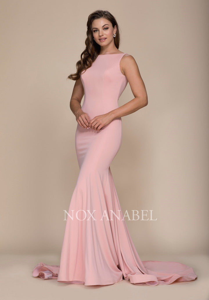 Long Bateau Mermaid Dress with Godet Train by Nox Anabel C022-Long Formal Dresses-ABC Fashion