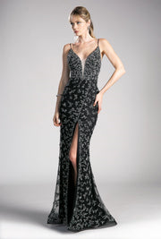 Long Beaded Black Dress with Side Slit by Cinderella Divine CZ0012-Long Formal Dresses-ABC Fashion