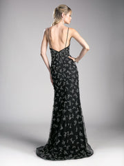 Long Beaded Black Dress with Side Slit by Cinderella Divine CZ0012-Long Formal Dresses-ABC Fashion