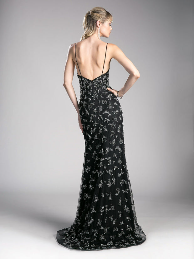 Long Beaded Black Dress with Side Slit by Cinderella Divine CZ0012-Long Formal Dresses-ABC Fashion