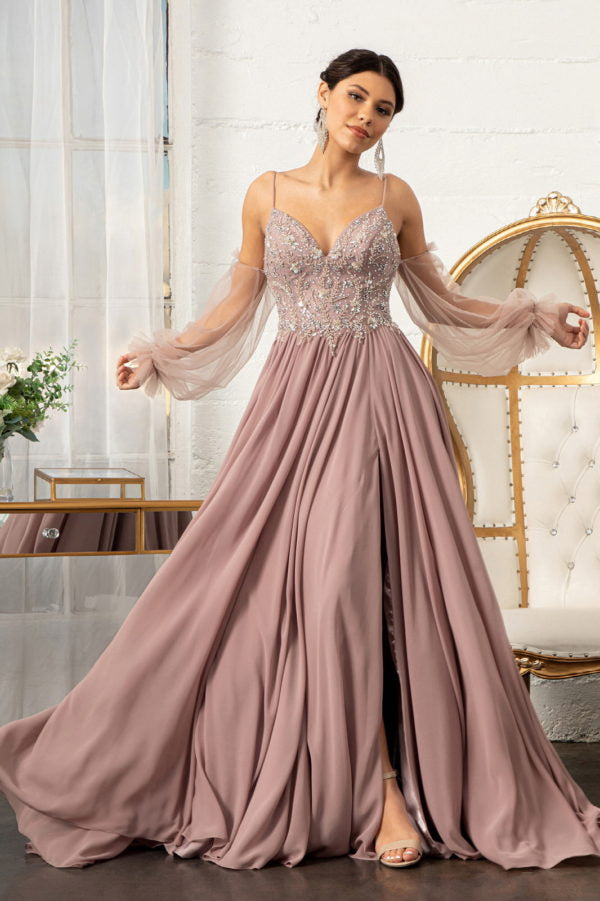 Long Beaded Bodice Chiffon Dress by Elizabeth K GL3005