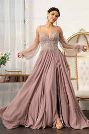 Long Beaded Bodice Chiffon Dress by Elizabeth K GL3005