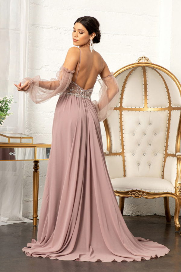 Long Beaded Bodice Chiffon Dress by Elizabeth K GL3005