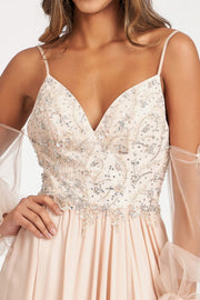 Long Beaded Bodice Chiffon Dress by Elizabeth K GL3005