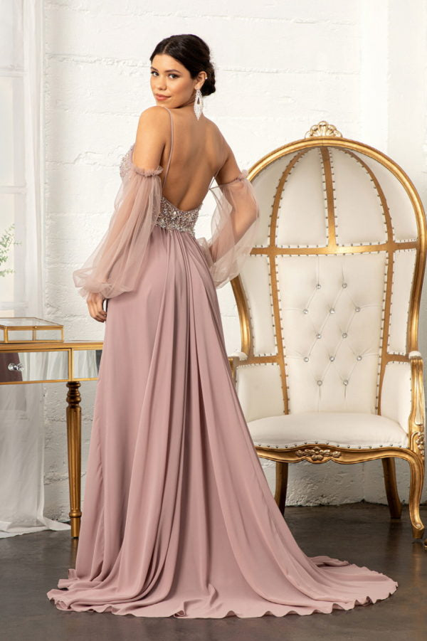 Long Beaded Bodice Chiffon Dress by Elizabeth K GL3005