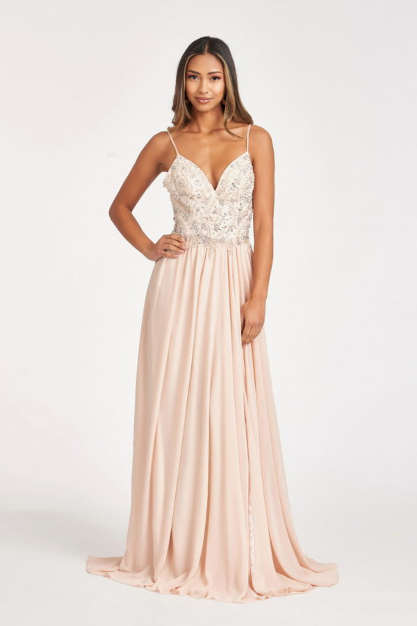 Long Beaded Bodice Chiffon Dress by Elizabeth K GL3005