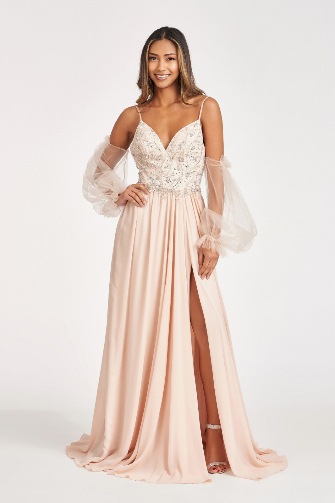 Long Beaded Bodice Chiffon Dress by Elizabeth K GL3005