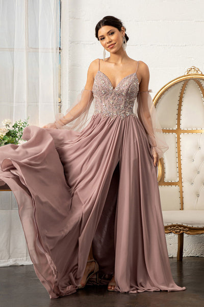 Long Beaded Bodice Chiffon Dress by Elizabeth K GL3005