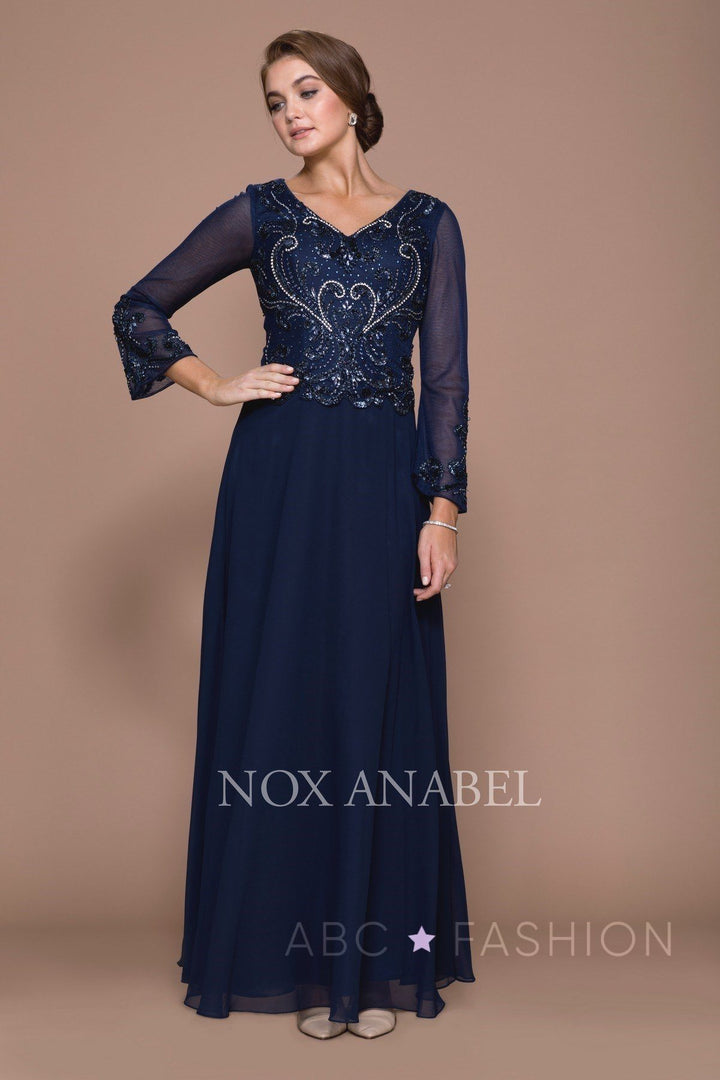 Long Beaded Bodice Dress with Sheer Sleeves by Nox Anabel Q505-Long Formal Dresses-ABC Fashion