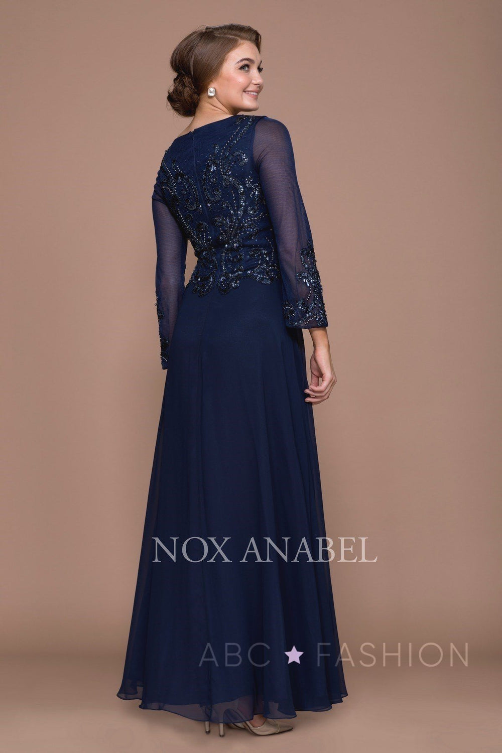 Long Beaded Bodice Dress with Sheer Sleeves by Nox Anabel Q505-Long Formal Dresses-ABC Fashion