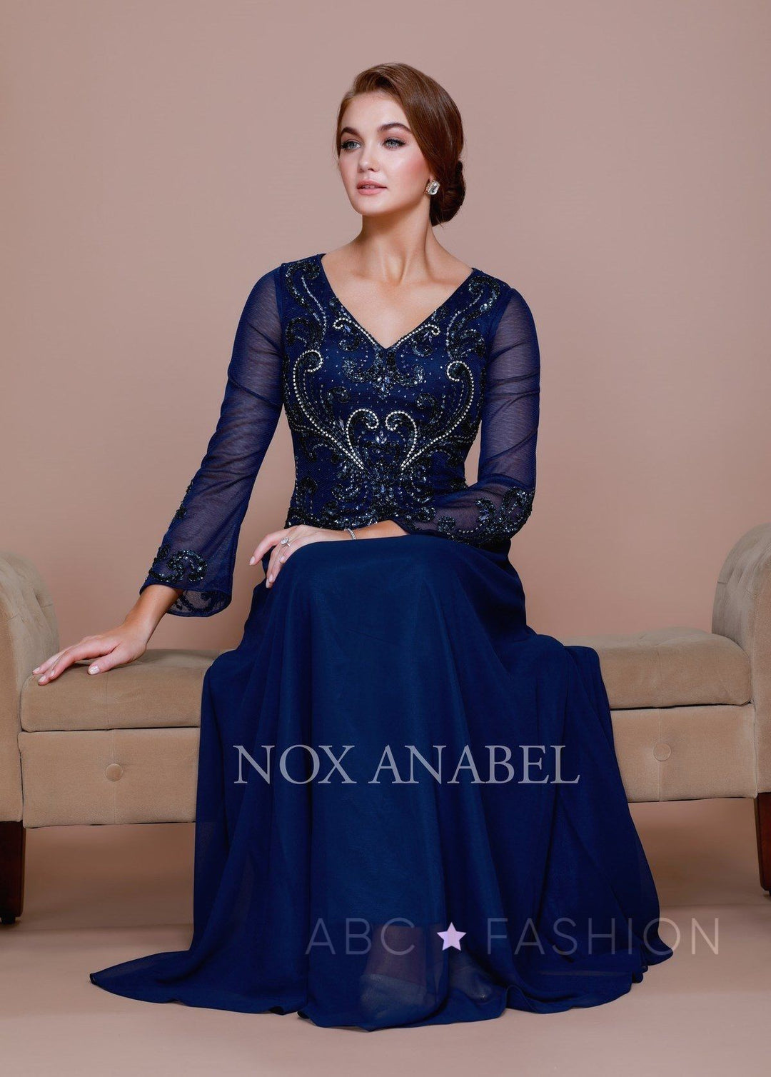 Long Beaded Bodice Dress with Sheer Sleeves by Nox Anabel Q505-Long Formal Dresses-ABC Fashion